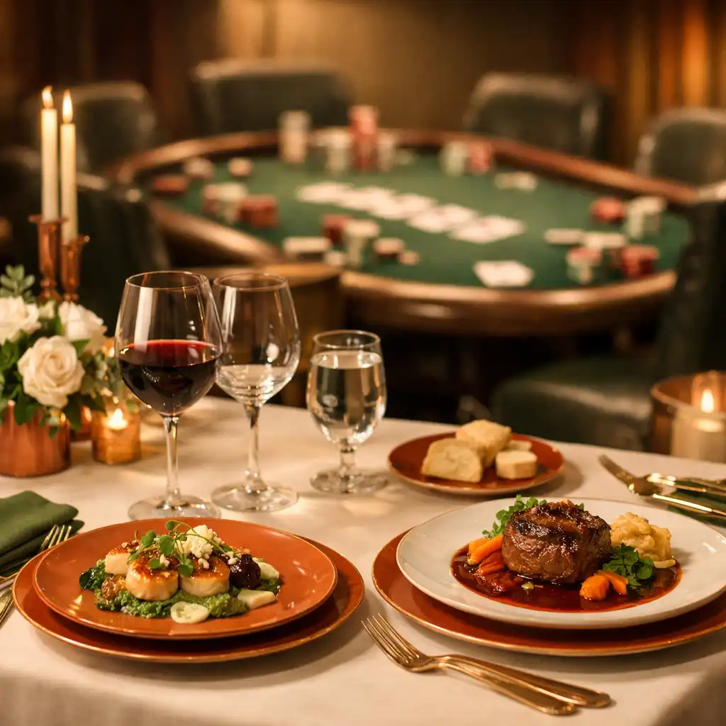 Table de restaurant dressée avec élégance et table de poker floutée en arrière-plan