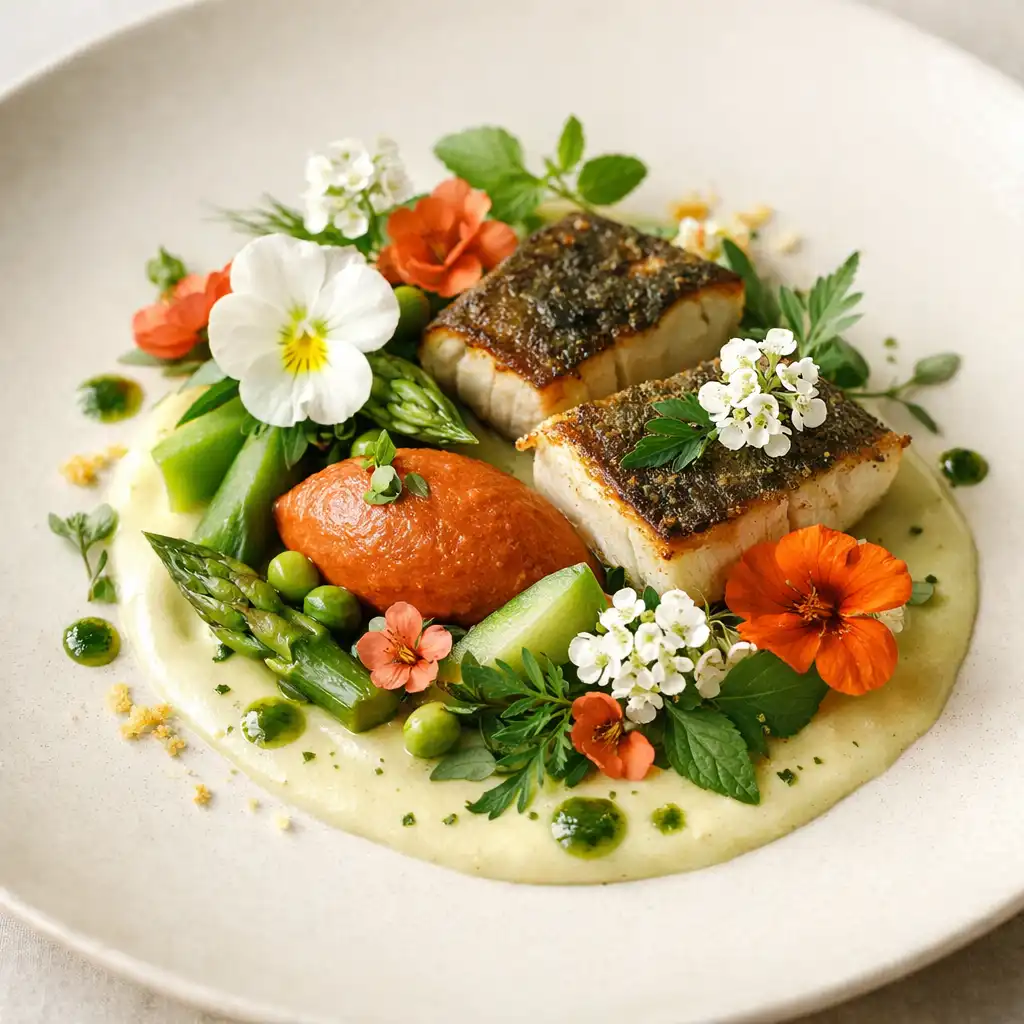 Plat signature du restaurant dressé avec des fleurs comestibles