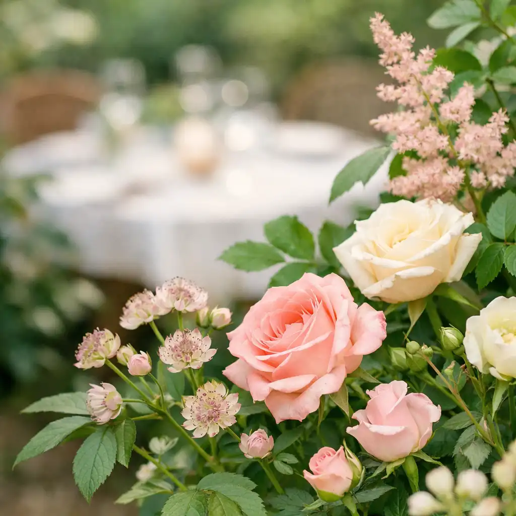 Gros plan sur des fleurs et feuillages dans le jardin du restaurant