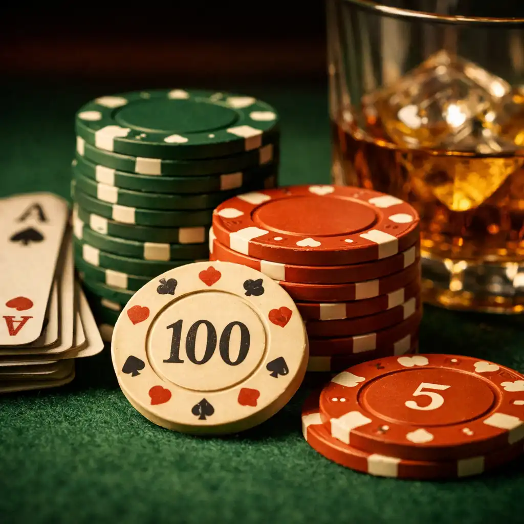 Détail de jetons de poker et de cartes sur une table en feutre vert