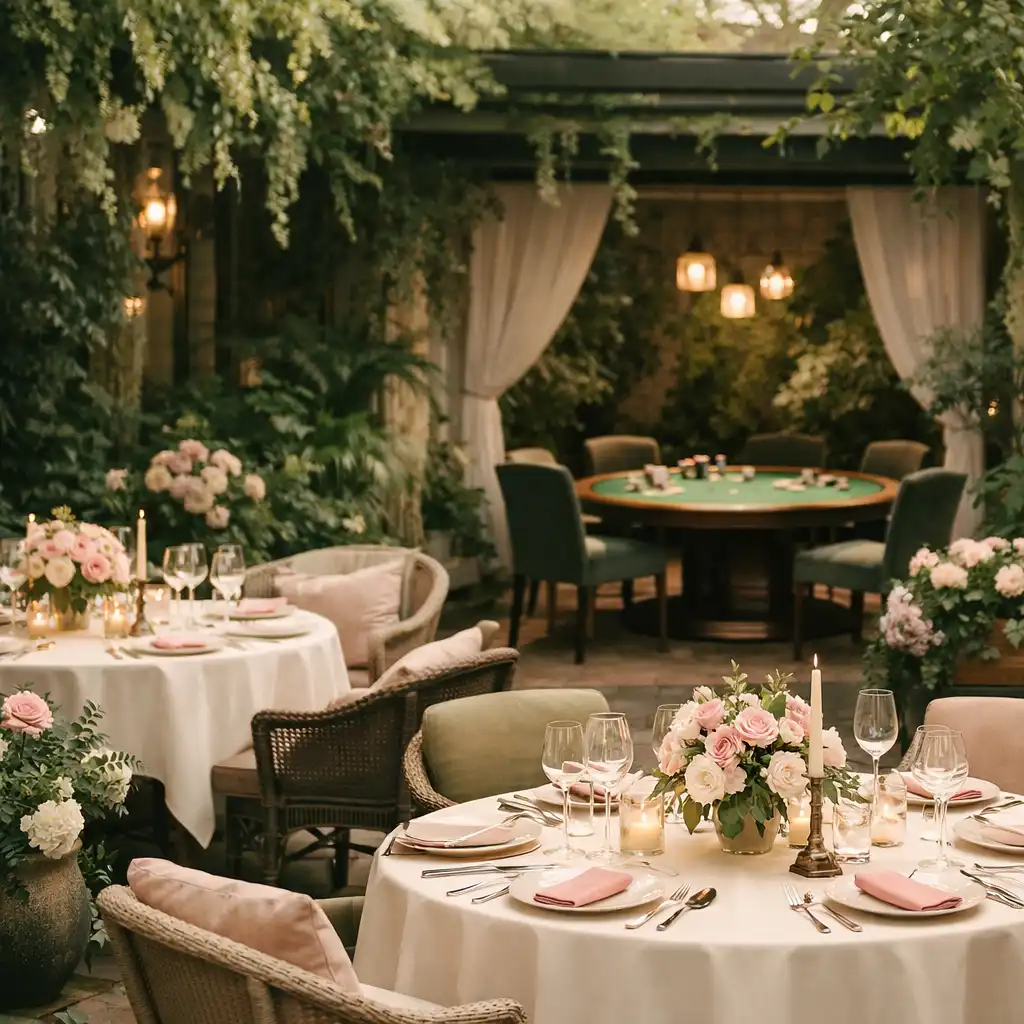 Vue d’ensemble du restaurant-jardin Atelier Roseraie avec une table de poker discrète en arrière-plan