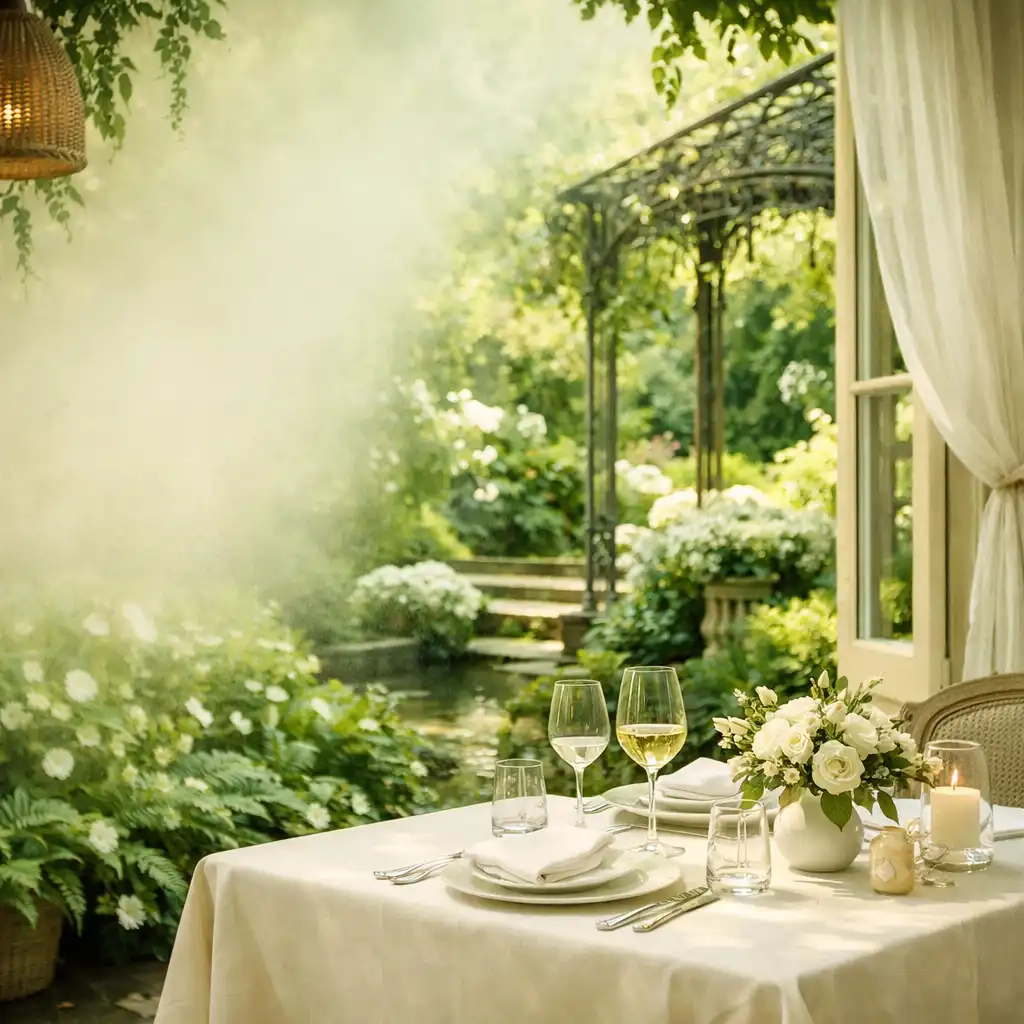 Table dressée près d'une grande fenêtre donnant sur un jardin luxuriant