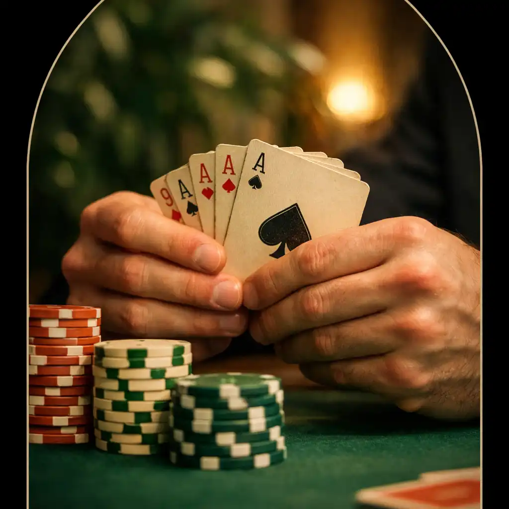 Mains d'un joueur tenant des cartes et des jetons sur une table de poker entourée de plantes