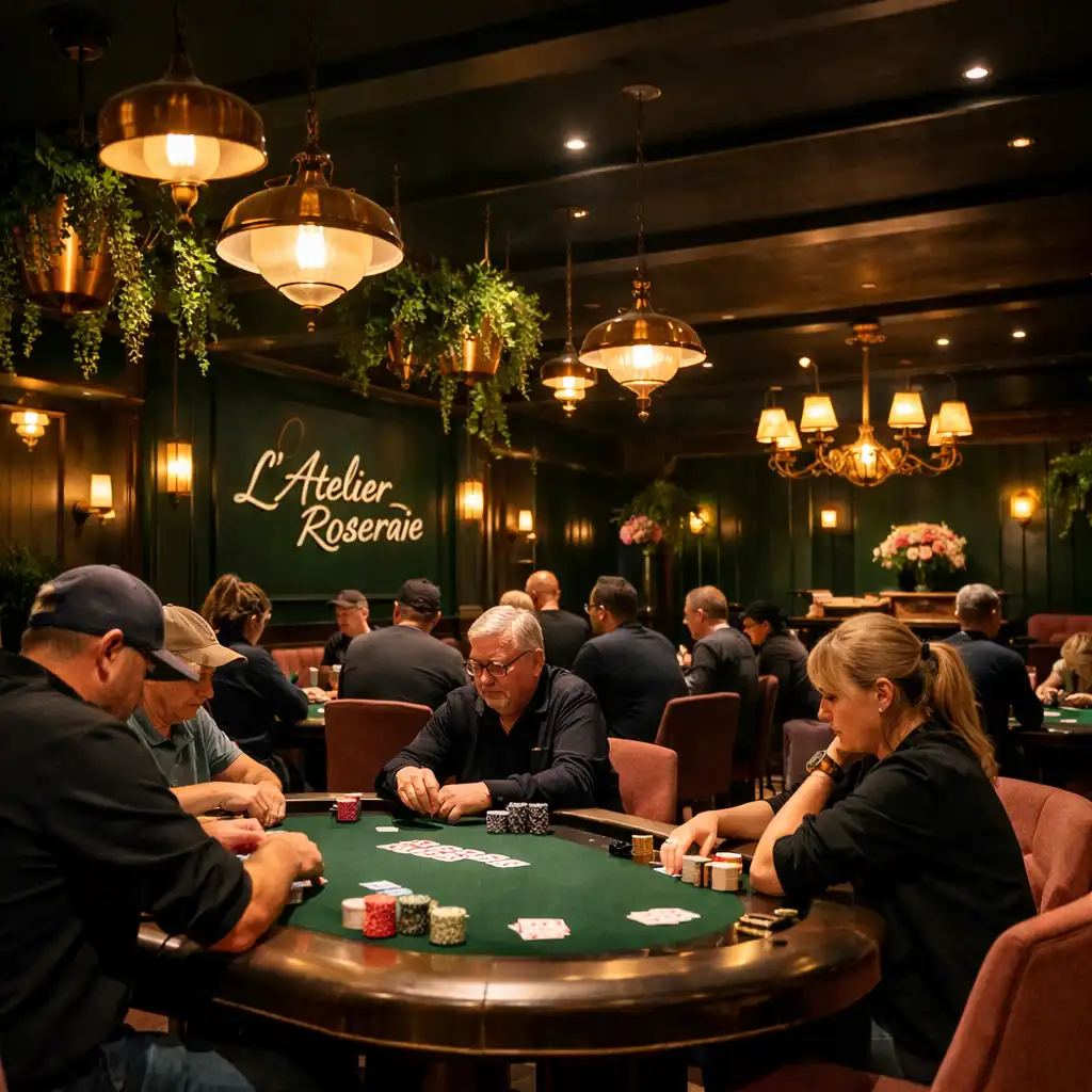 Vue d'ensemble du Poker Salon avec plusieurs tables de poker et des plantes suspendues