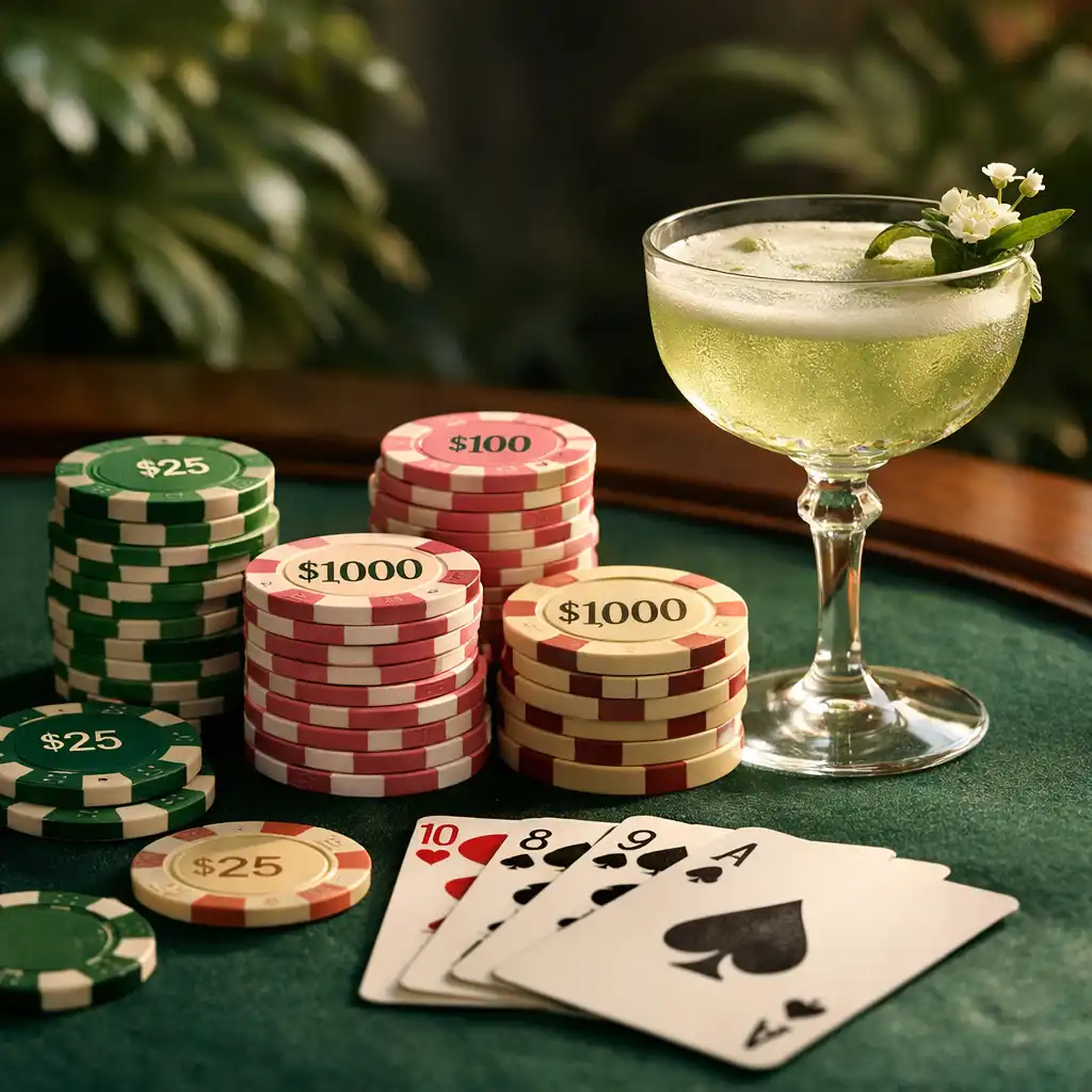 Détail de jetons en céramique, cartes à jouer et cocktail signature sur une table de poker