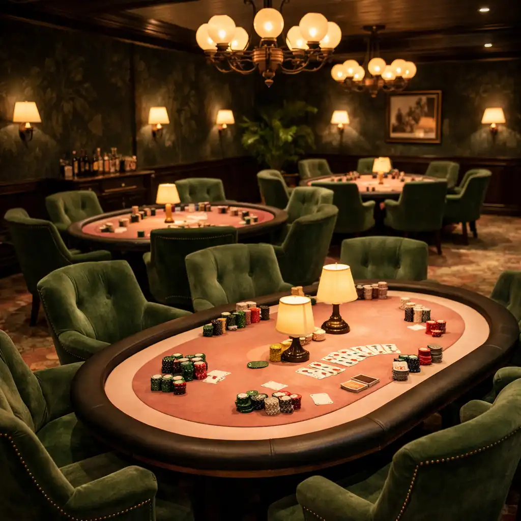Salon de poker privé avec fauteuils en velours vert et éclairage d’ambiance chaleureux