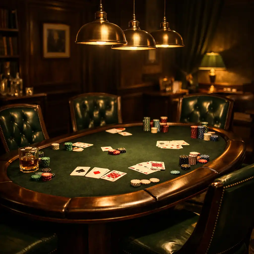 Intérieur feutré du Poker Salon avec table ovale en bois sombre et chaises en cuir vert
