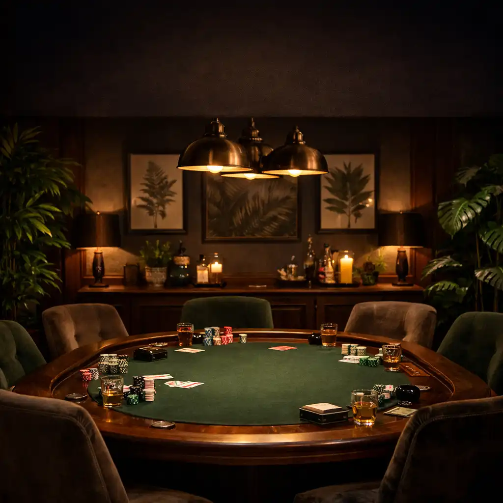 Salon de poker privé avec table en bois sombre et chaises en velours, ambiance feutrée