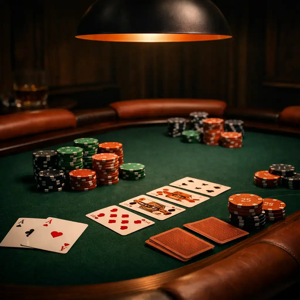 Table de poker professionnelle en feutre vert avec jetons et cartes dans une ambiance tamisée