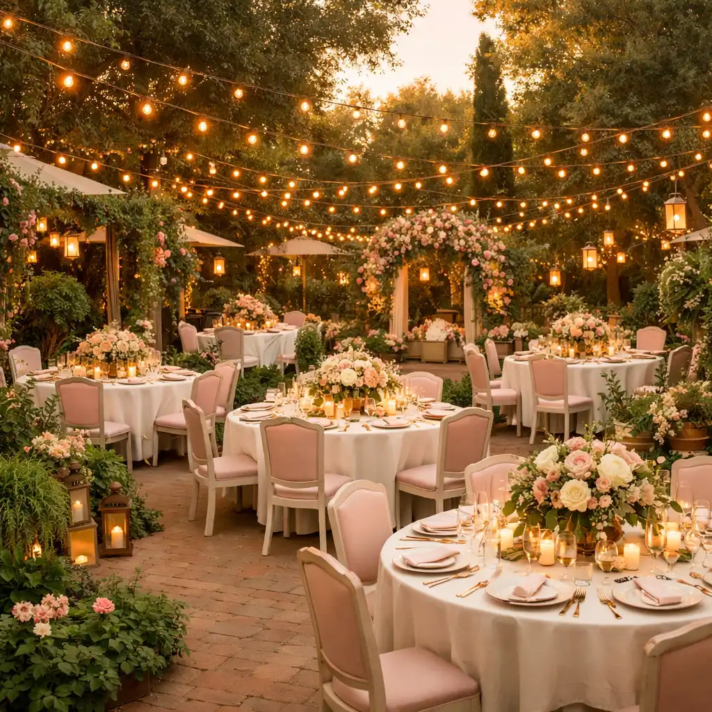 Jardin de restaurant aménagé pour une réception privée avec guirlandes lumineuses