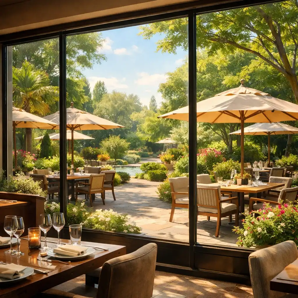 Vue sur le jardin depuis la grande baie vitrée du restaurant