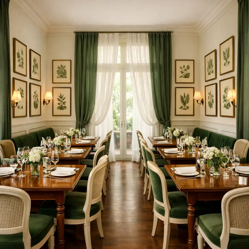 Salle à manger principale de l'Atelier Roseraie avec tables en bois noble et cadres botaniques