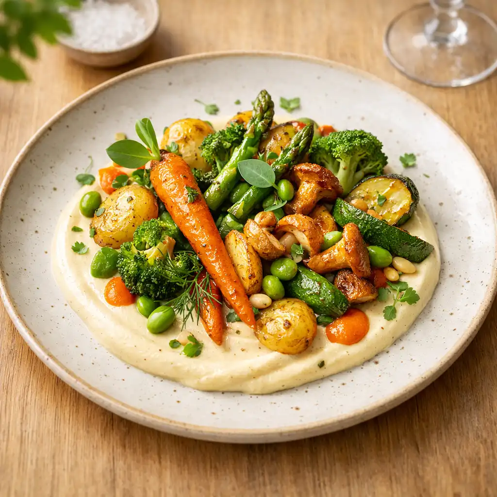 Assiette gastronomique de légumes rôtis et herbes fraîches