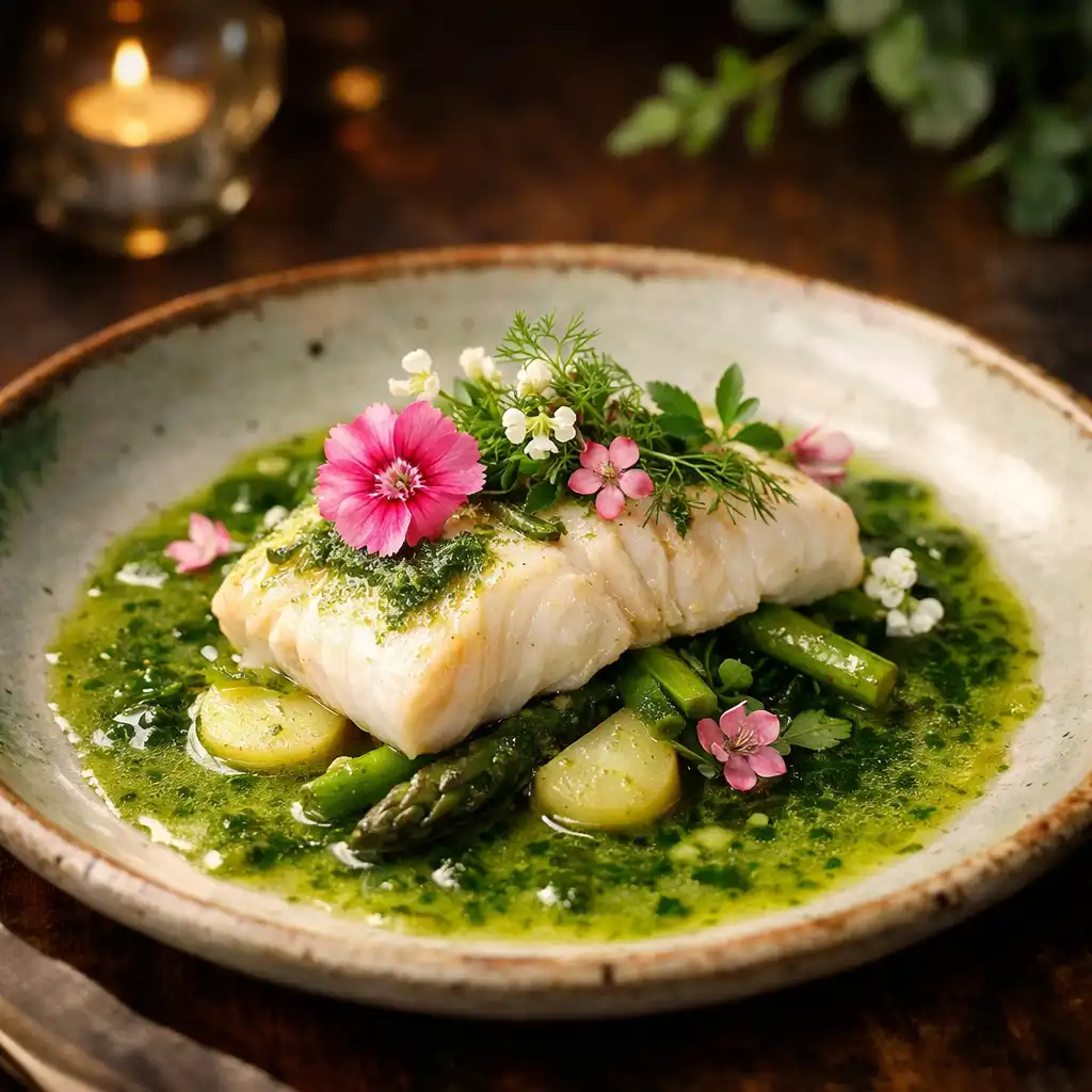 Plat de poisson délicat avec sauce aux herbes et fleurs comestibles